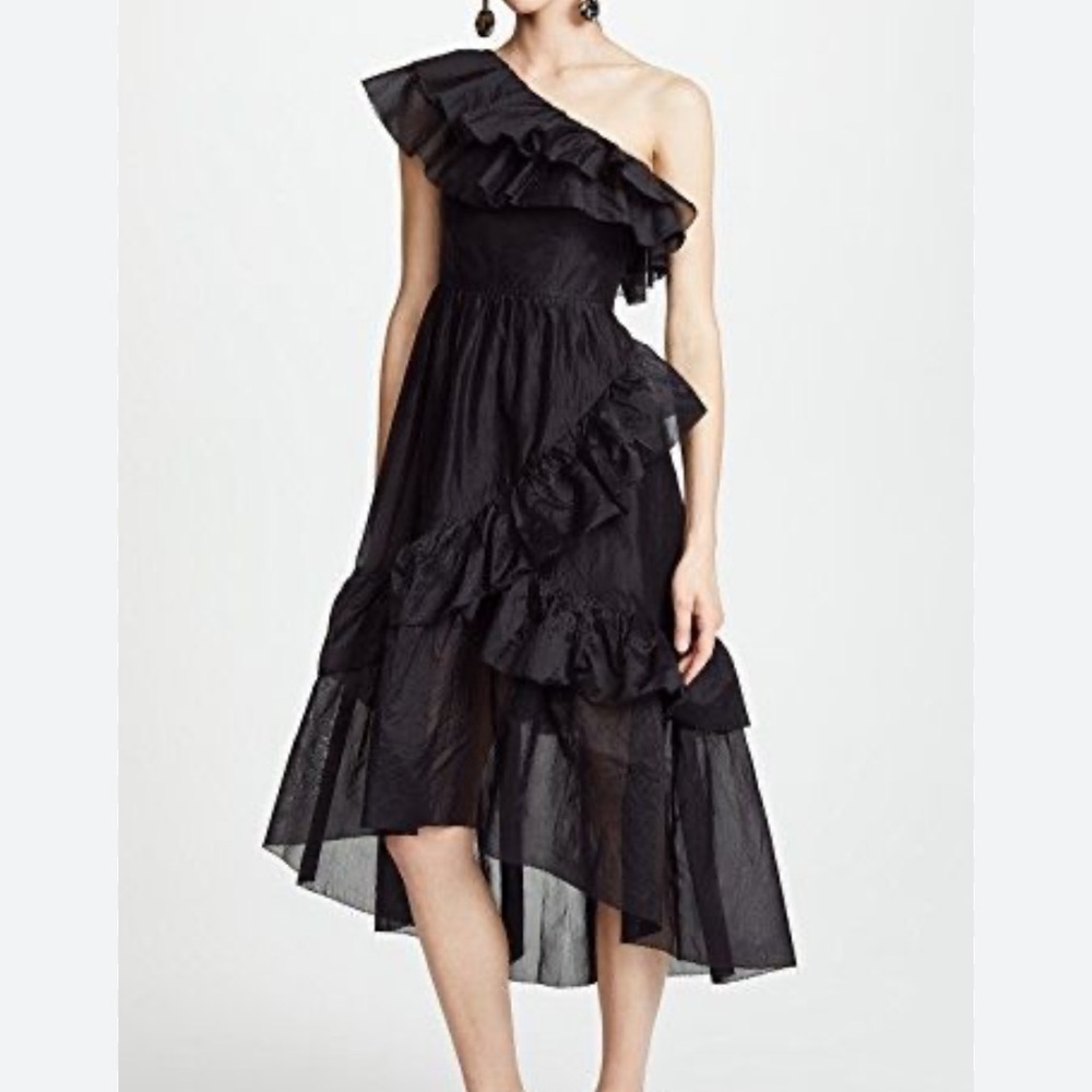 ULLA JOHNSON CLEMENTE ONE SHOULDER RUFFLE silk MIDI DRESS